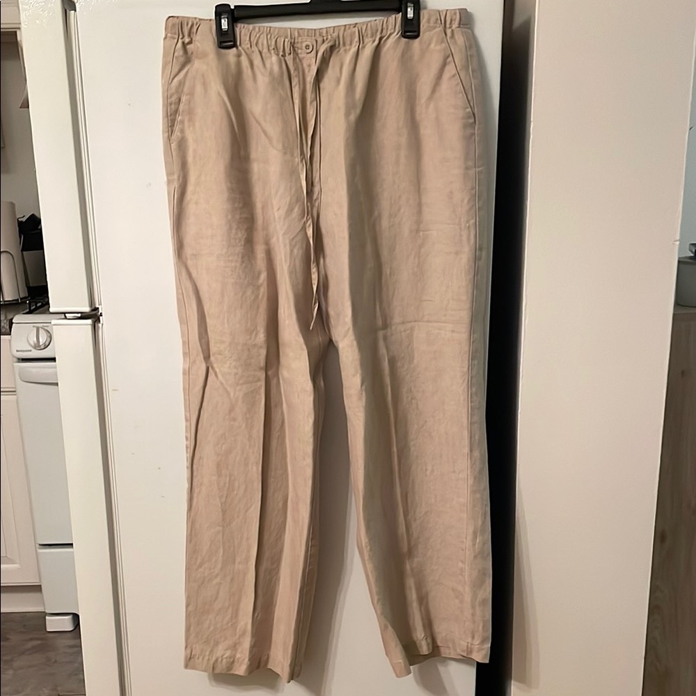 Liz Claiborne 100% Linen Size 16 Tan Pockets‎ Drawstring Zipper Button